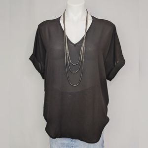 Lush Black V Neck Rolled Short Sleeve Sheer Top M